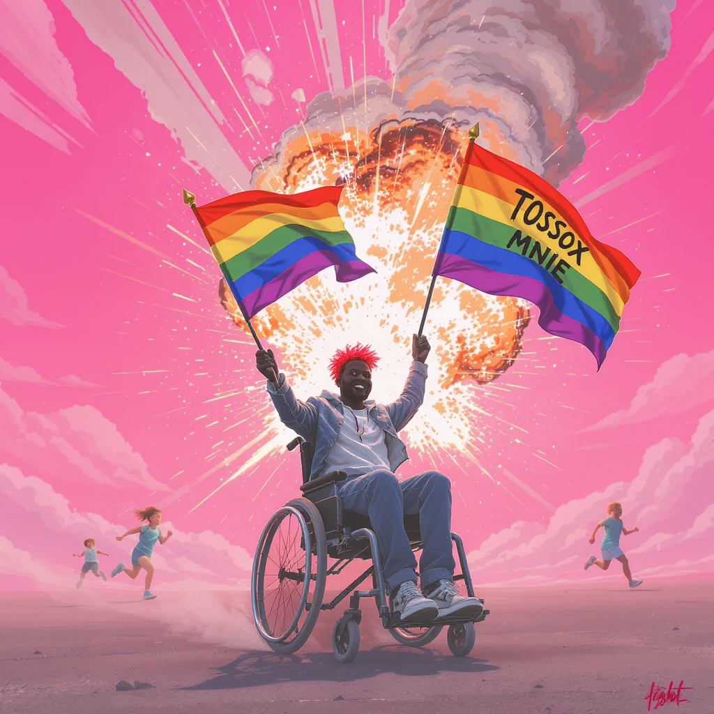 Black man with red hair sitting on wheelchair holding lgbt flag holding text "T0ssox zalej mnie" explosion behind and kids running away, pink clouds around, pink sky with pink back light emoji