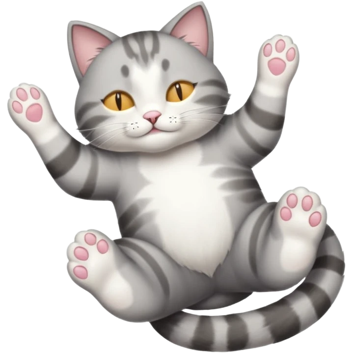 grey and white small cat eyes closed lying down upside down with paws stretched out straight in different directions emoji