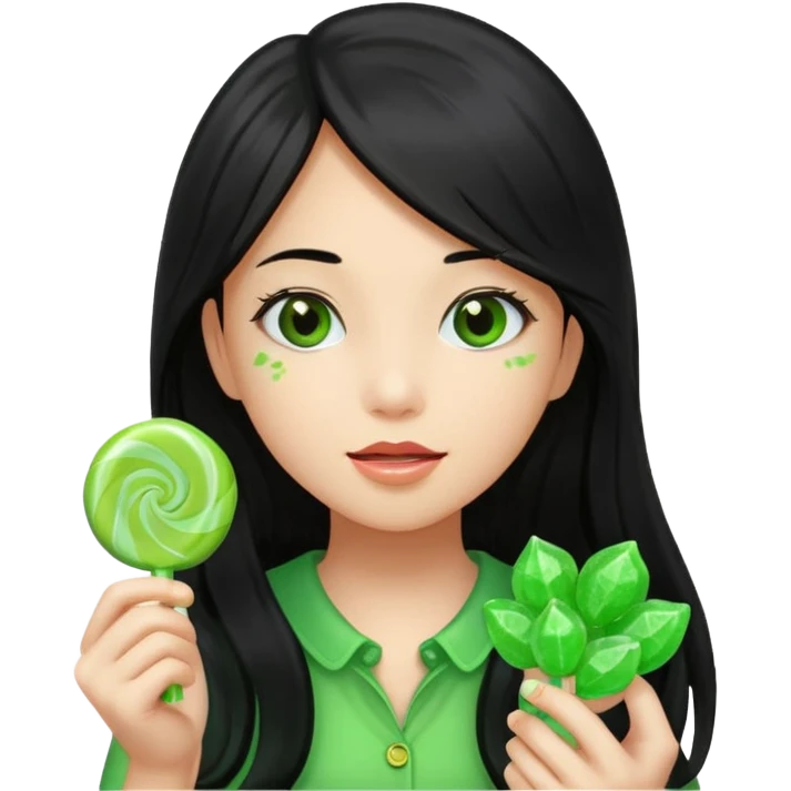 A girl with long black hair holding a piece of green hard candy in one hand and a green candy wrapper showing a guava on it in the other hand emoji