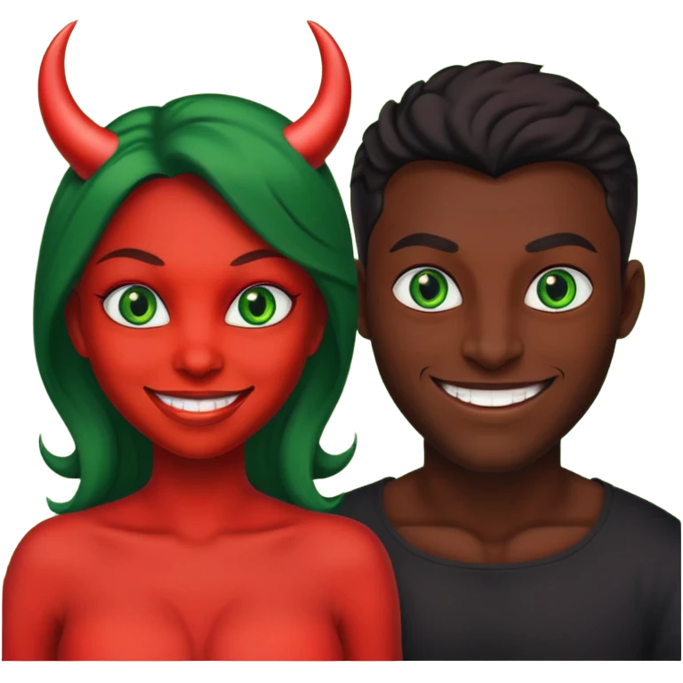 two evil persons (male and female) with devilish smile and black face and green eyes emoji