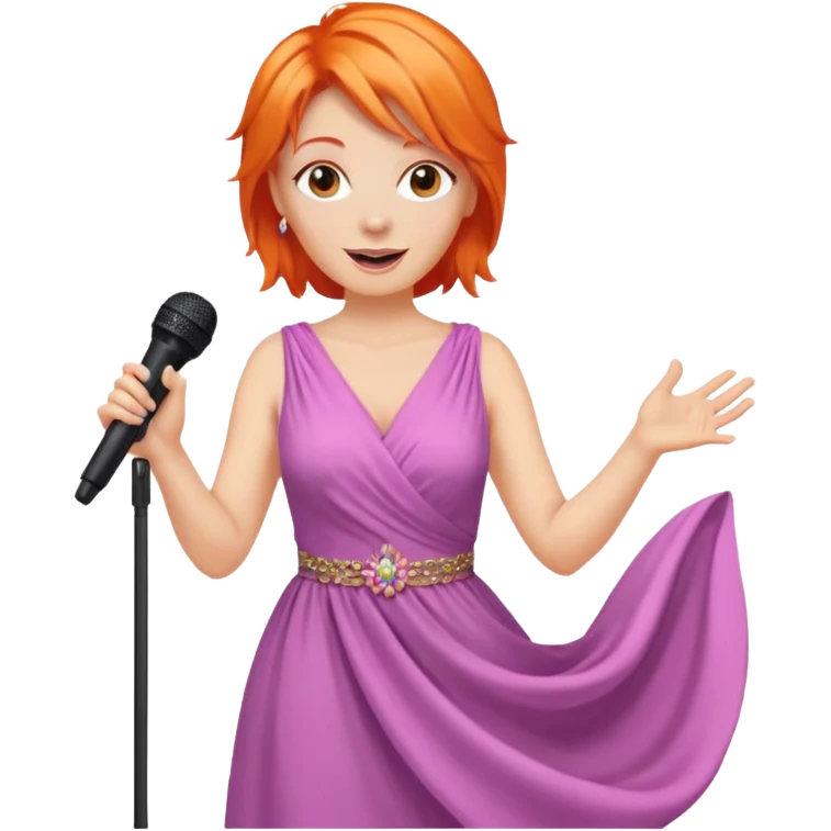singer, Middle age, orange hair, happy, holding mic, wearing dress emoji