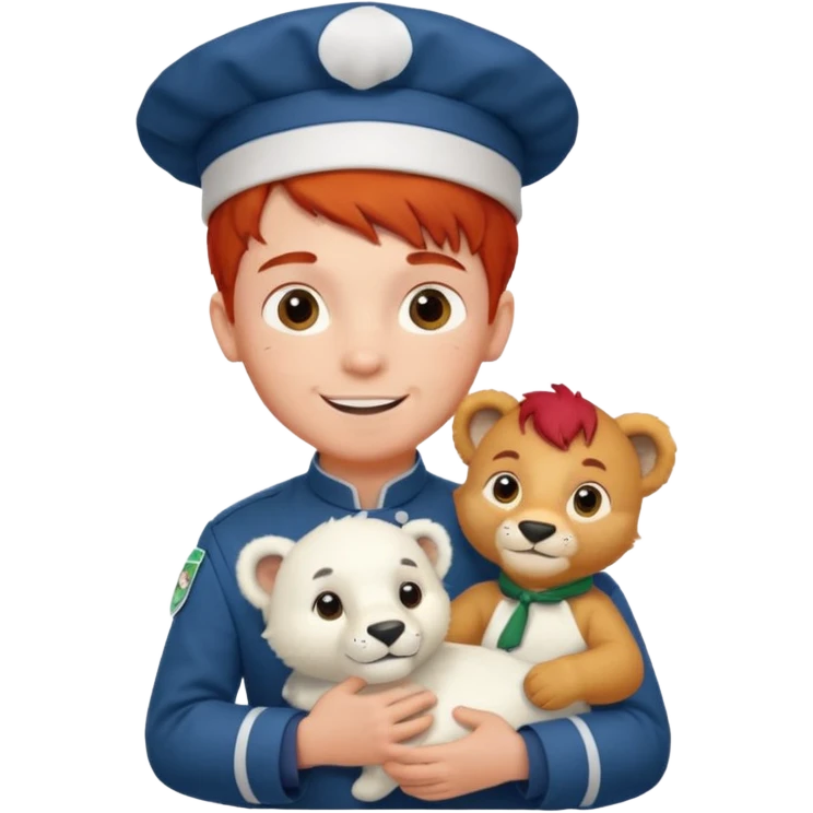 boy kid italian chef, red haired, uniform, holding plush polar lion emoji