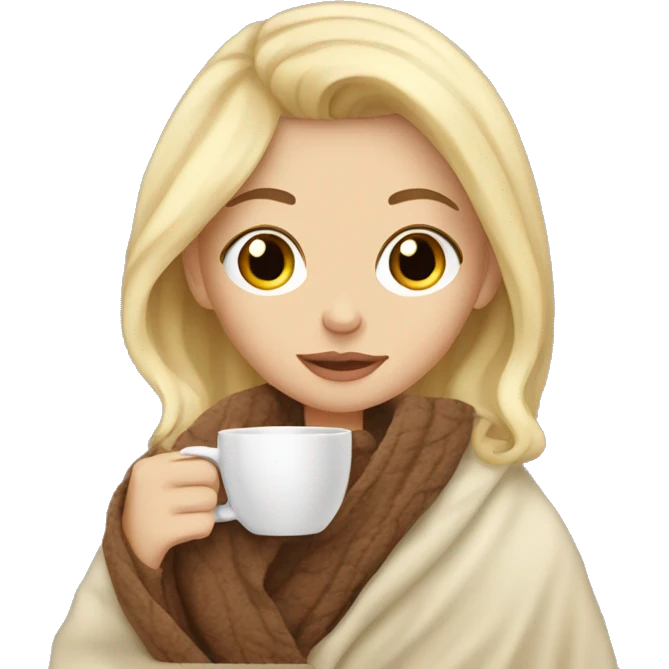 Light blonde hair Girl with brown eyes, drinking coffee, with a cozy blanket emoji