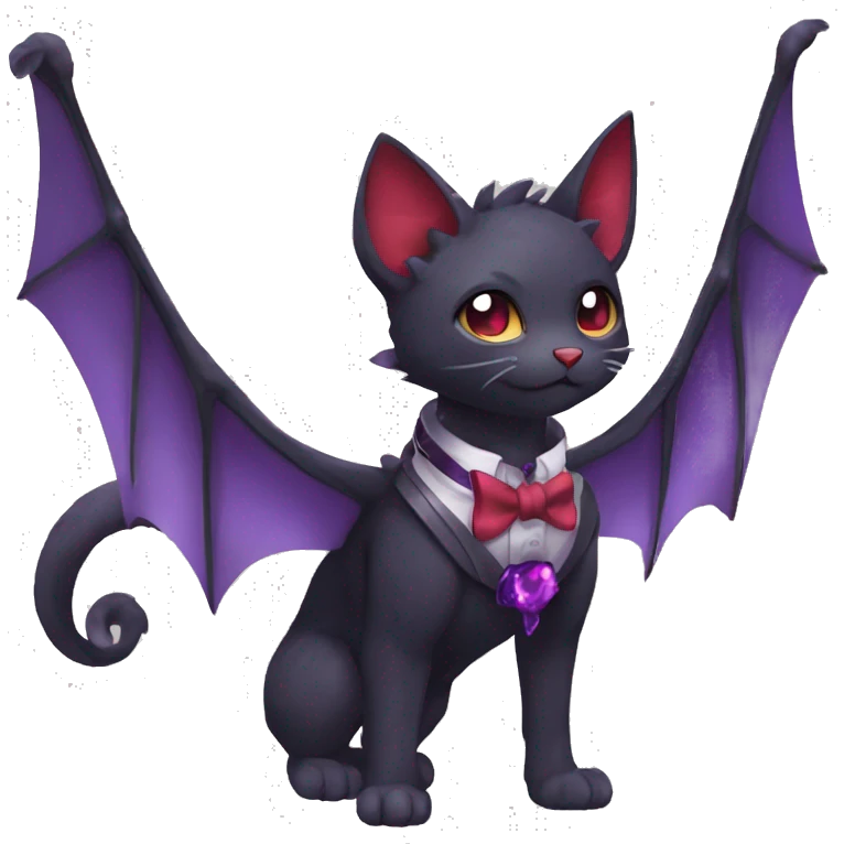 cool kawaii black purple red ethereal fantasy beautiful elegant nargacuga-bat-cat-Fakemon collar harness bow tie and bracers full body emoji