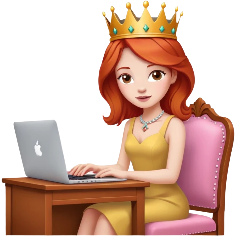 Redhead with crown on her head sat at the desk with MacBook and pink chair  emoji