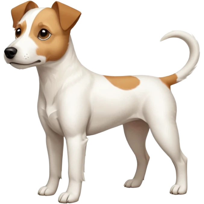 a full body facing front on of a buff white parson russell terrier looking dog the size of a kelpie with light brown long ears resting on its face and a light brown patch on one eye and a large snout. the rest of the dog is completely white.  emoji