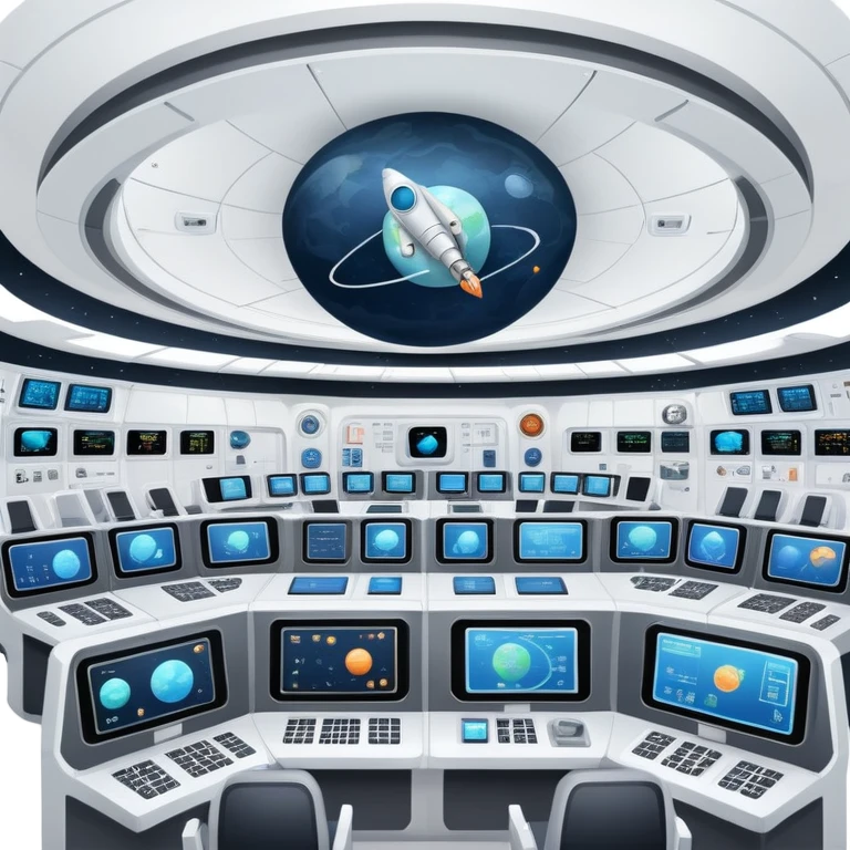 space mission command center with large screens showing spacecraft and planetary data emoji