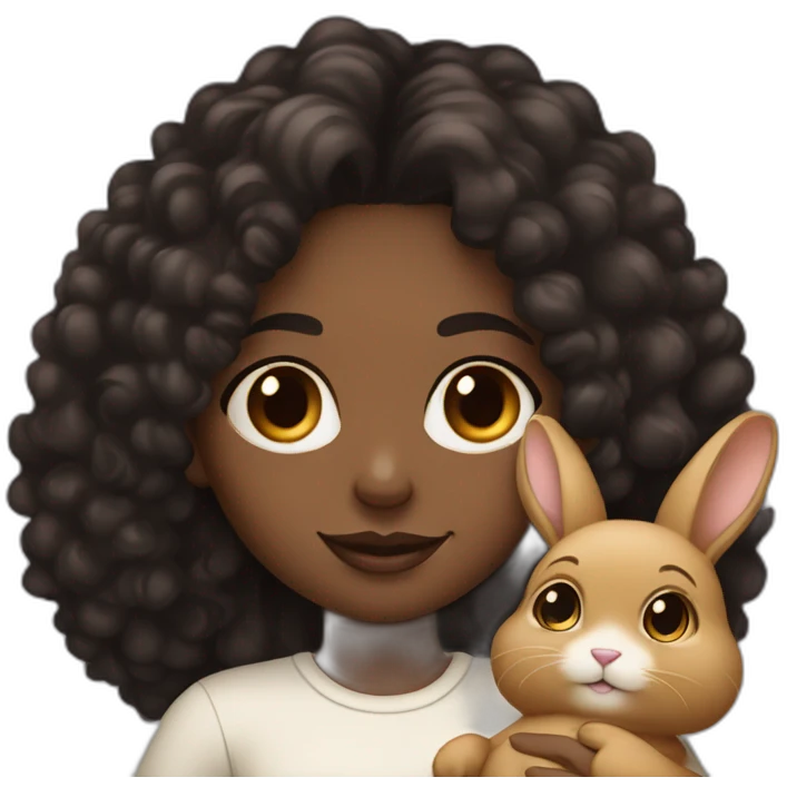 black woman dark long curly hair holding chubby floppy eared tan rabbit emoji