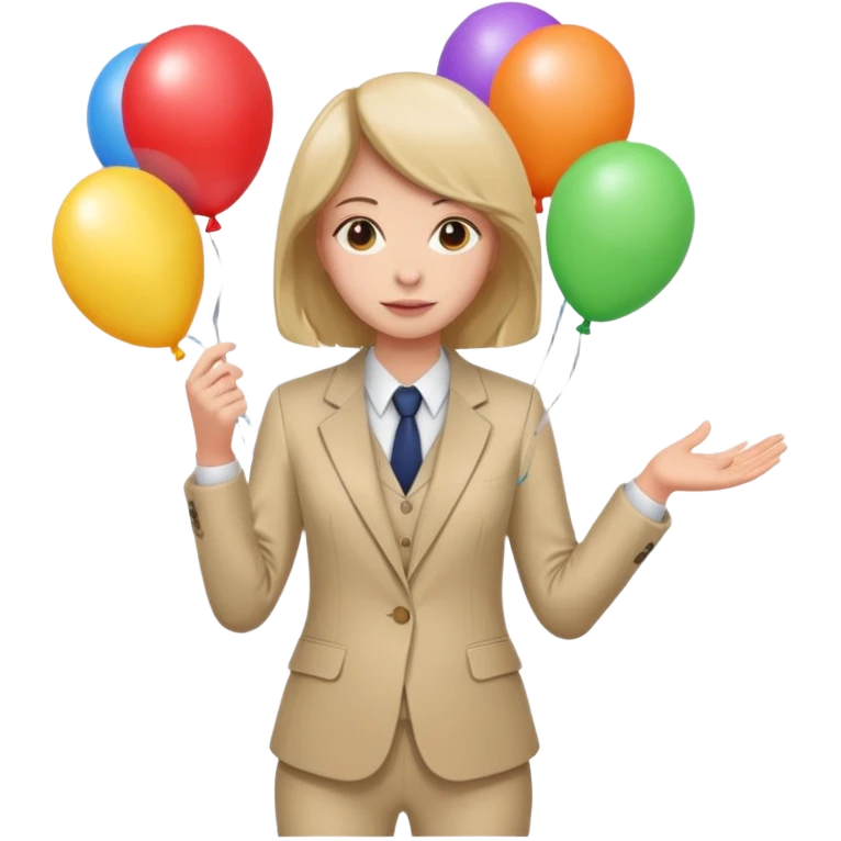 birthday  girl in biege suit + baloons emoji