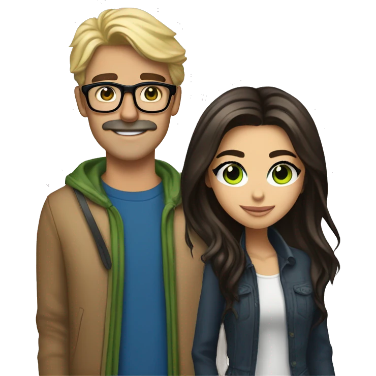 (brunette brown eyed madison beer) standing next to (handsome blonde man, mustache, blue/green eyes, brown glasses) emoji
