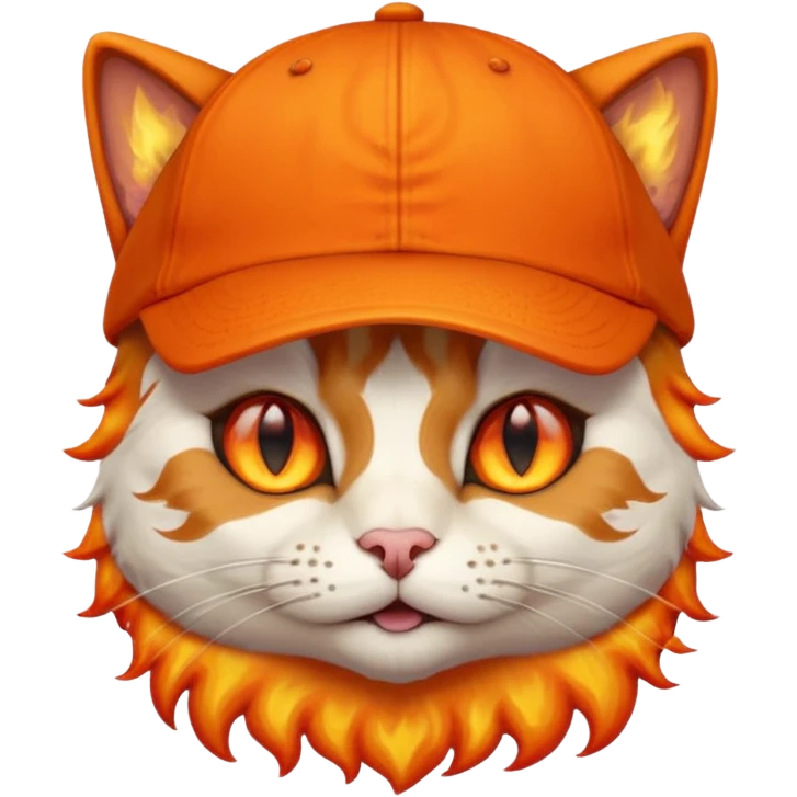 Cat with the flames in his eyes with a orange baseball hat on his head emoji
