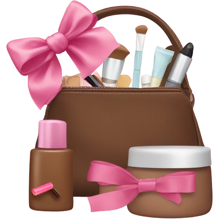 Brown cosmetic bag with cosmetics sticking out and a pink bow emoji