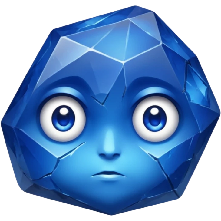 A single sapphire-blue faceted rock head, chunky and worn, with very visible big cracks and chipped facets but still shiny, big kind eyes emoji