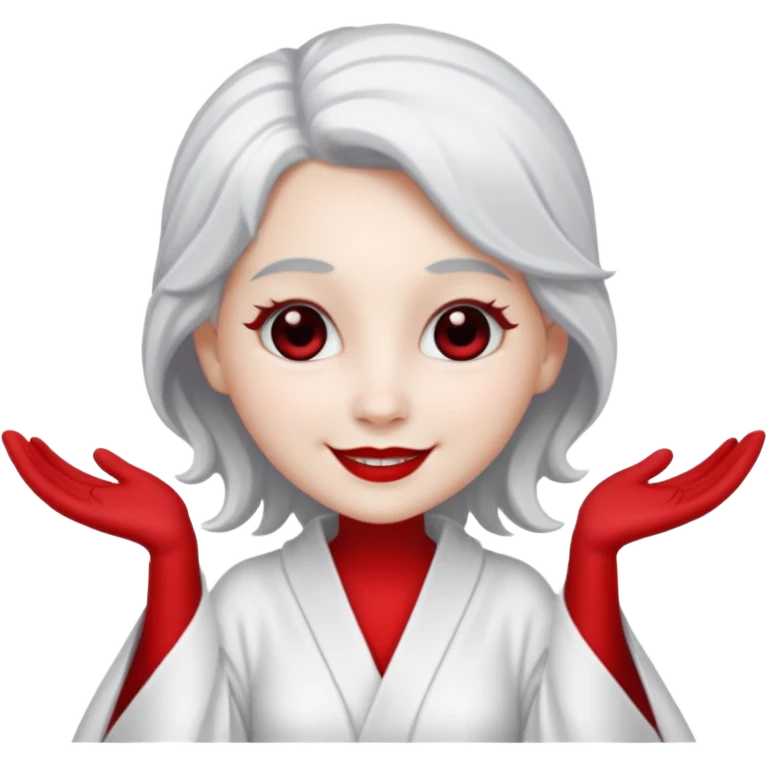 vull un perosnatge estil bimoji que sigui com una nimfa bella i fantasmal amb túniques blanques. Té la pell literalments blanca com el guix, cabell platejat, un nas llarg, ulls negres grans i llavis carmesí. que estigui somrient sense arrecades i vestimenta vermella i blanca emoji