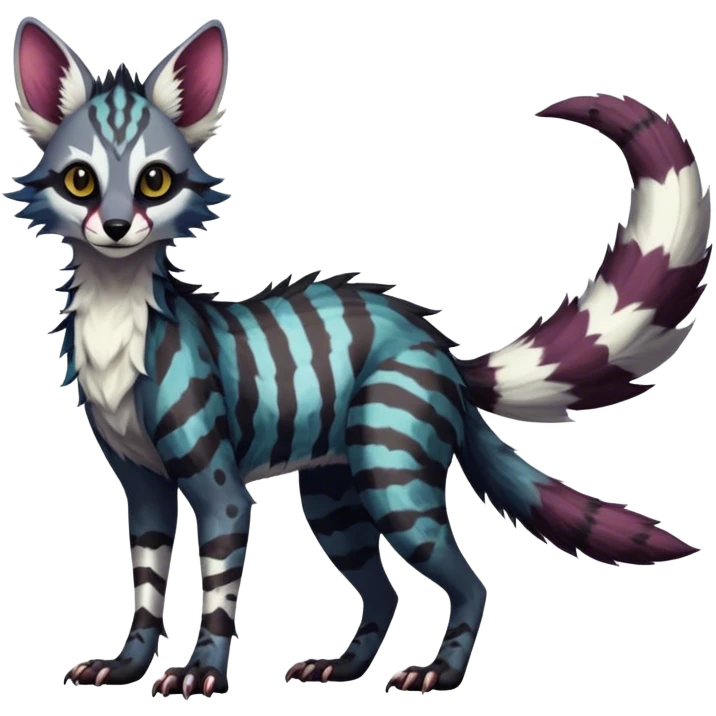 Feral Rare Fantasy dark colorful Vernid-Sergal-Genet-Trico-species by LiLaiRa, random markings, tufted tail, tufted ears, full body emoji