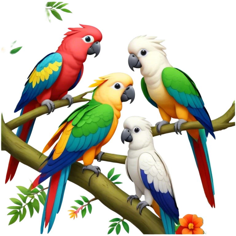 Close-up collage of vibrant Ara parrots and Inca cockatoos sitting on tree branches, surrounded by lush greenery. Bright colors of the birds stand out against a natural, sunny background of trees and flowers. Transparent background. emoji