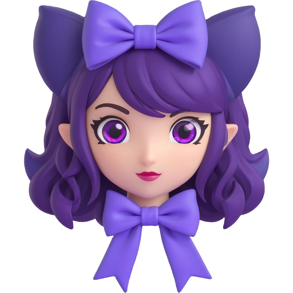 Gwen from League of Legends, high expression, only head and hand visible, right eye purple, both hair bows included emoji