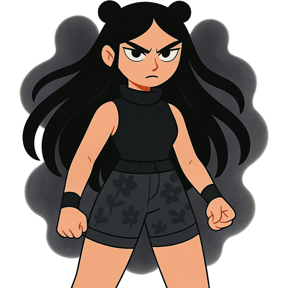 mysterious gothic female fighter with long flowing black hair, sharp intense eyes, small black bear ears, sleeveless black ritual robe top, gray combat shorts with dark floral pattern, quiet but commanding presence, soft dark aura emoji