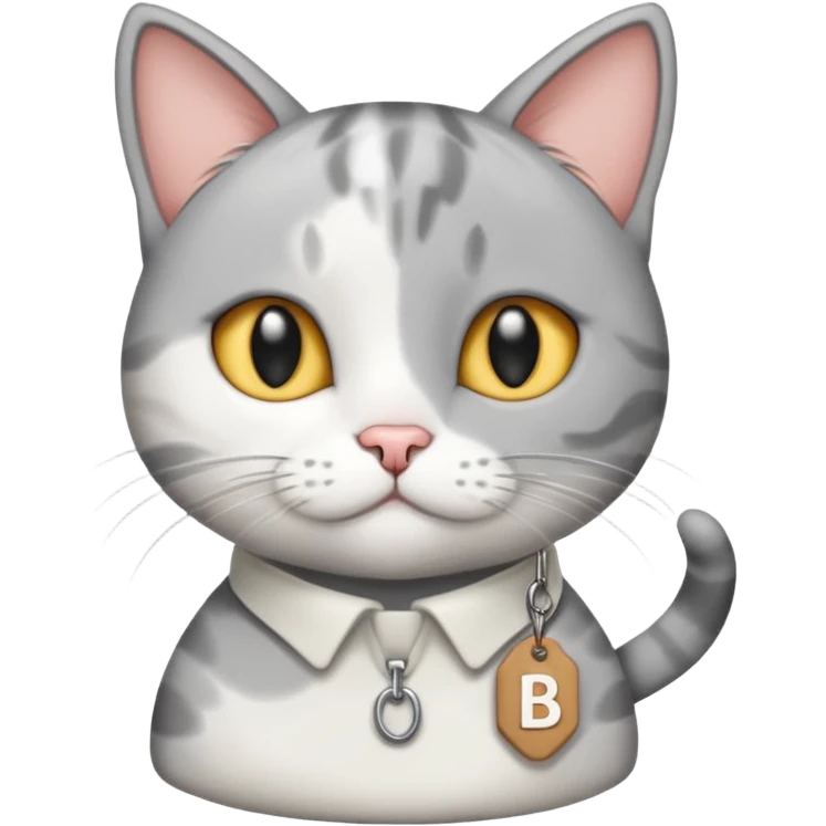 grey and white cat with name tag that says bean emoji