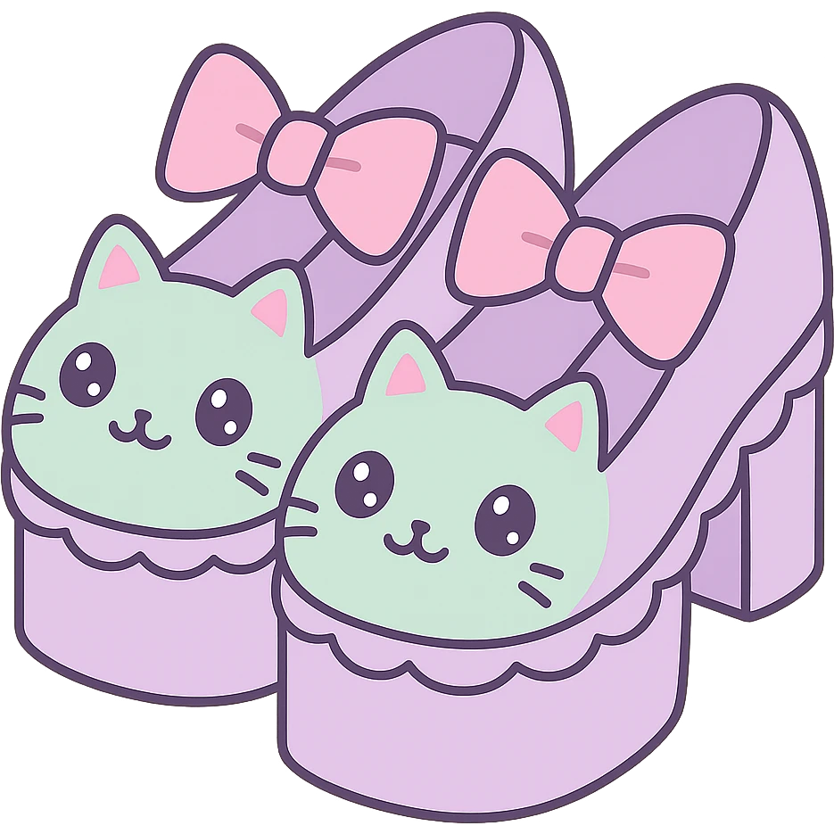 Refine the kawaii BLACKPINK-inspired gothic shoes with a large bow, scalloped edge, sparkling glitter, and neon accents. Use pastel lavender and pastel mint as the main colors. Keep the design playful and stylish with no hearts. Transparent background. emoji