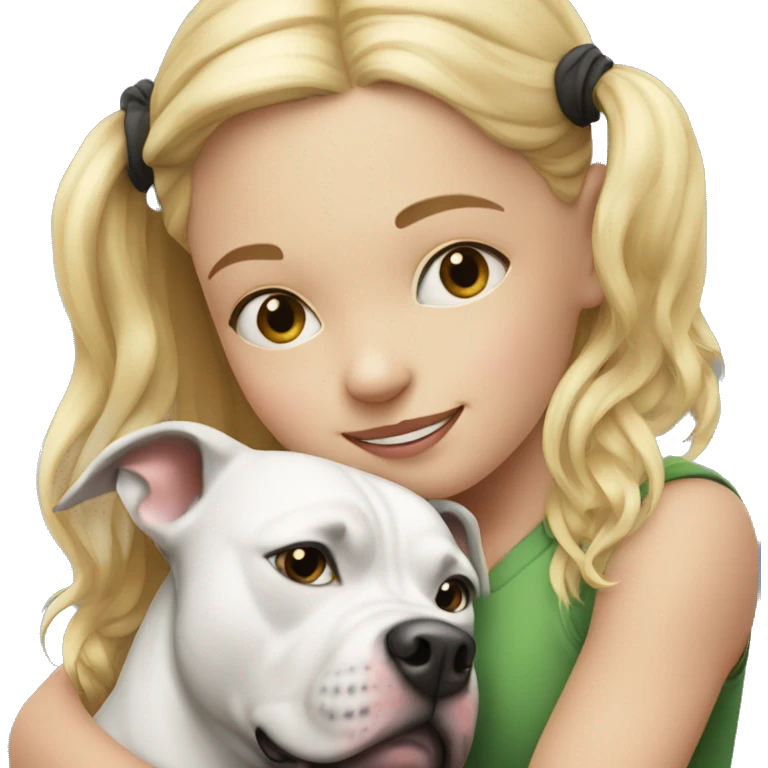 Blonde girl child hugging black and white pitbull emoji