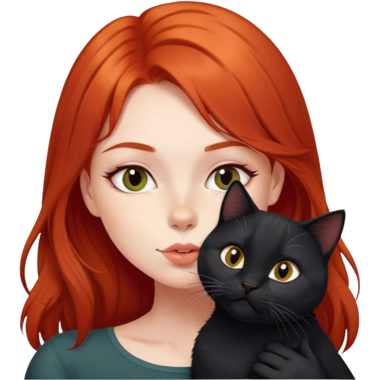 A red-haired girl kisses a black British cat  emoji