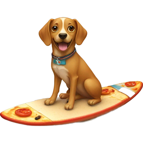 dog on a surfing board in the desert eating pizza emoji