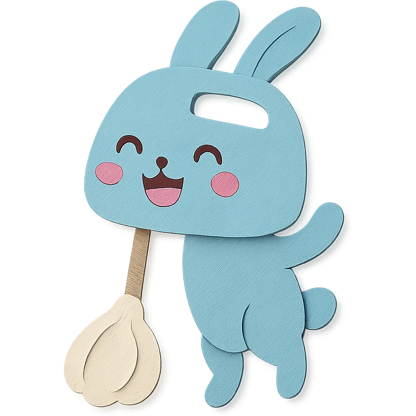 soft pastel blue hand mixer rabbit, spinning cream, joyful expression, full-body emoji
