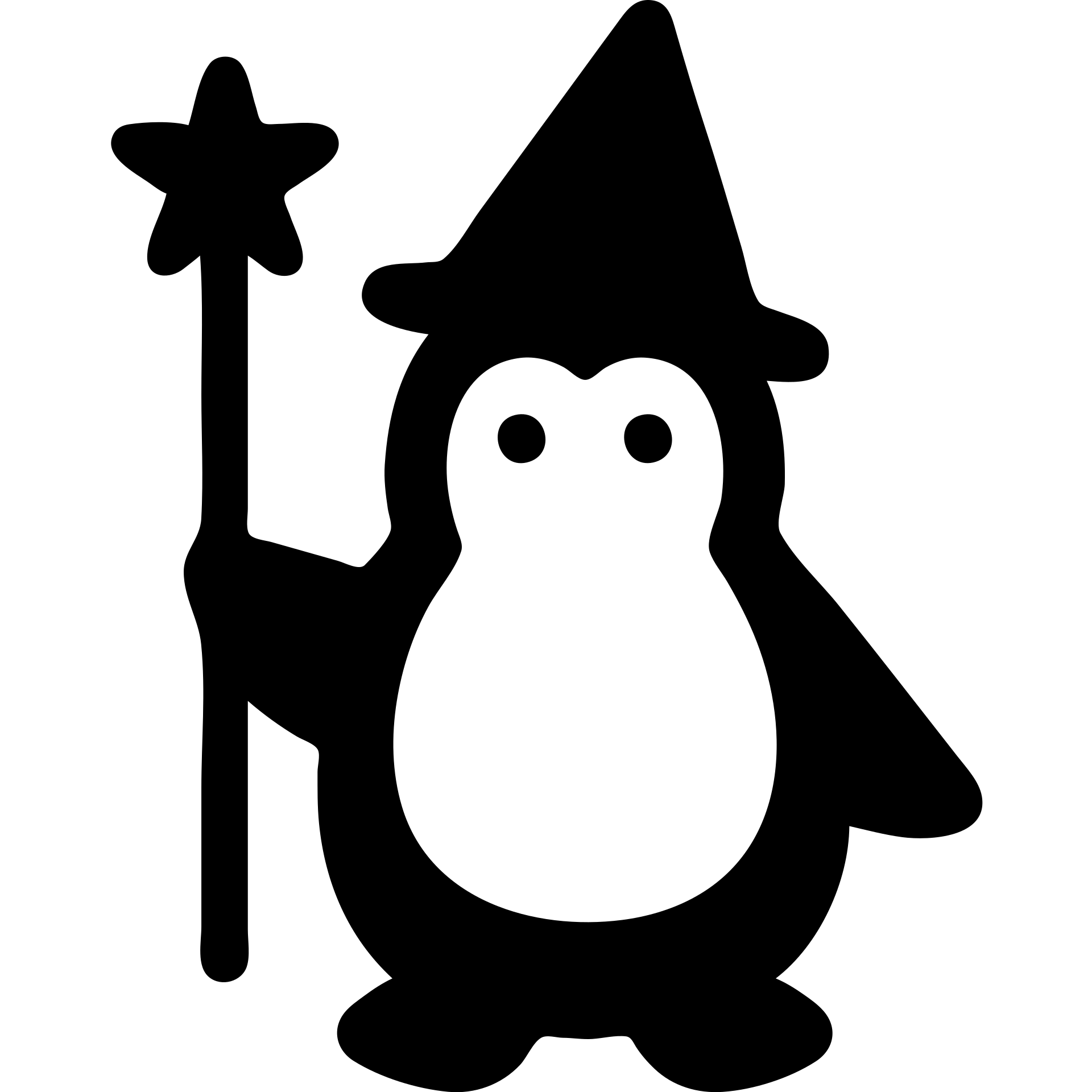 solid black icon of a penguin wizard with a pointy hat and staff emoji
