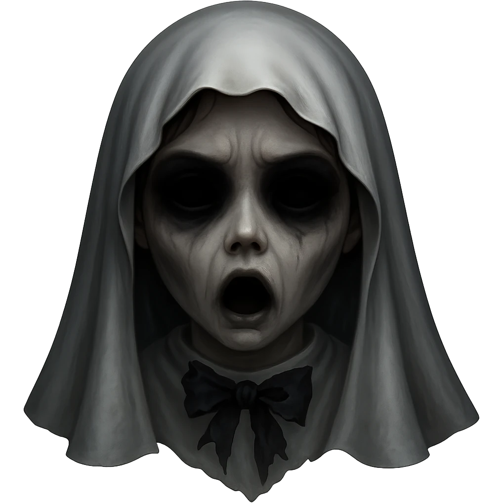 Make the classic girl ghost scarier by adding dark shadows around the eyes, a torn bow, and a haunting expression. Keep the style consistent and remove the background. emoji