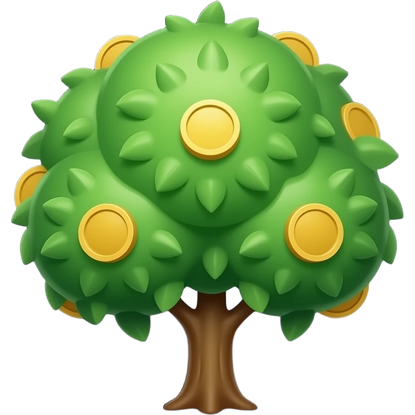 iPhone style tree emoji, glossy green leaves, gold coins, dark background. emoji