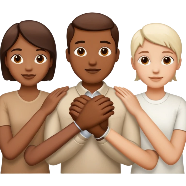 Three diverse people of different races holding hands in unity and harmony, symbol of integration emoji