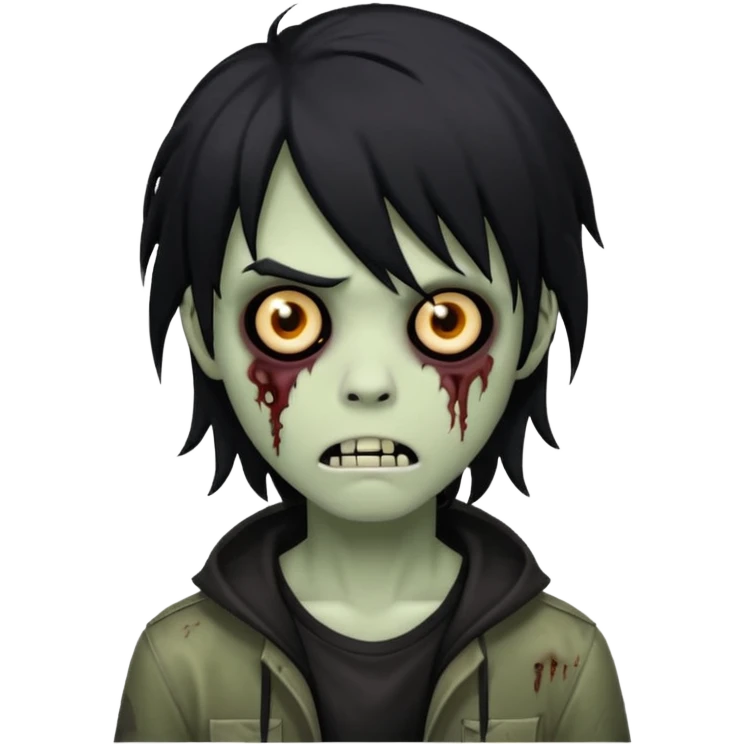 spooky boy zombie, black medium-long hair, emo and shaggy, creepy expression emoji