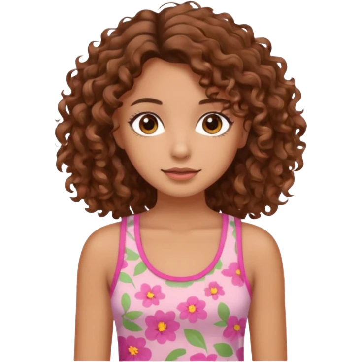 A pretty girl with tan skin and brown wavy curly hair, wearing a floral pink tank top with brown eyes emoji