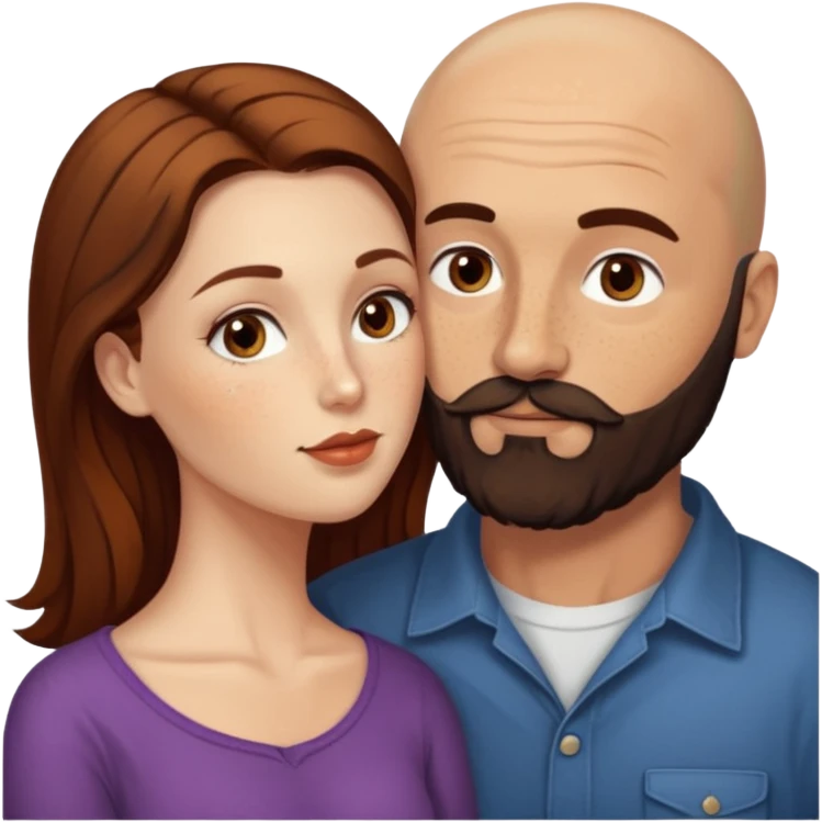 Couple. Bald man with dark brown-black beard. White woman with many small, faded freckles, she has white skin and she has auburn-brown-cinnamon, dark long hair. She has light brown eyes. The man have hazel eyes. Retro style. She kisses him on the cheek. emoji