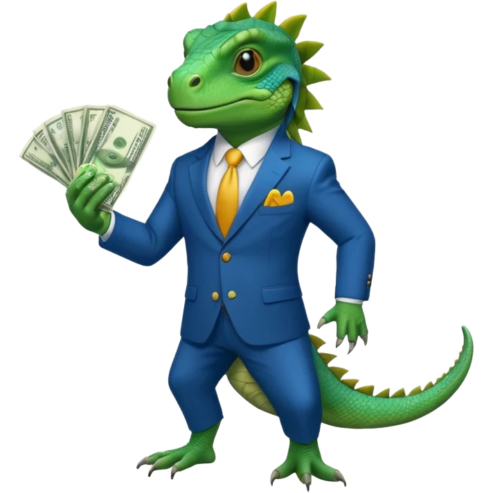 iguana in a blue suit holding cash emoji
