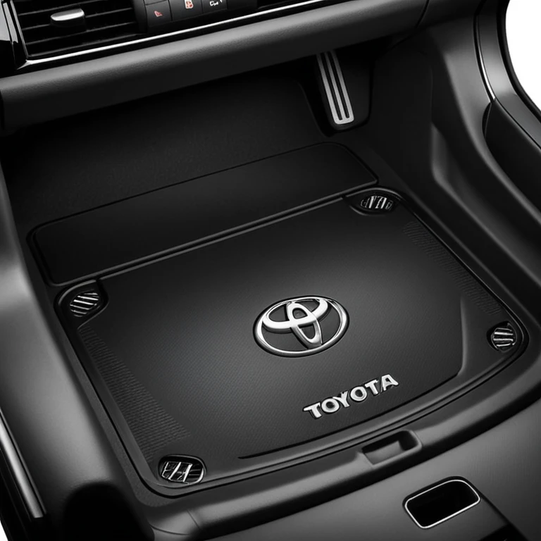 a black textured surface, likely a piece of automotive trim or a floor mat, featuring the branding for a Toyota Fortuner.
 emoji