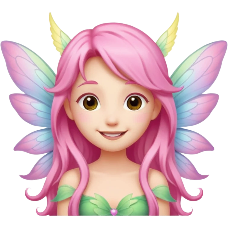 A tiny pastel fairy with pink long hair with glowing wings and a sweet smile  emoji