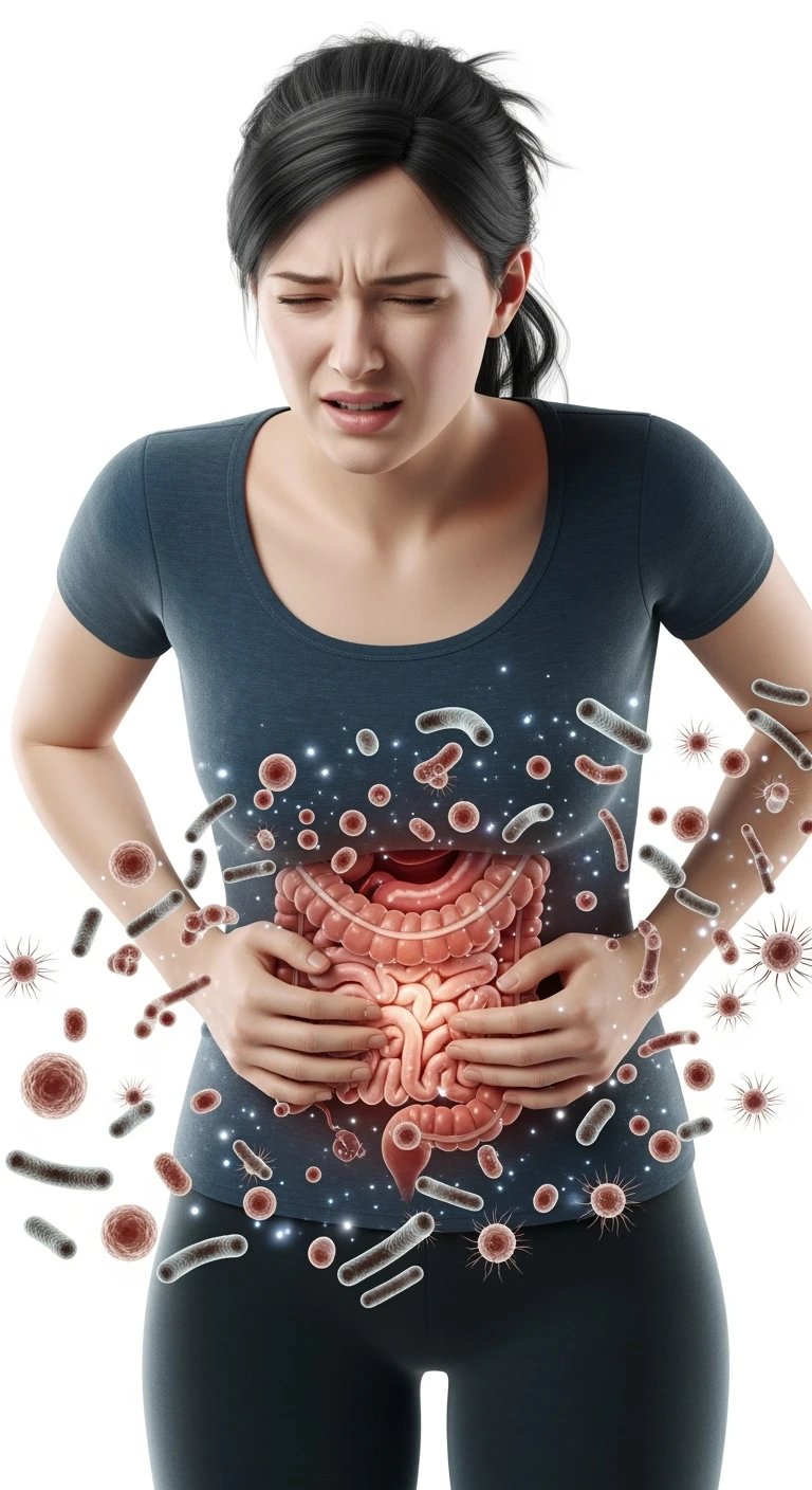 DONNA CON MAL DI PANCIA E INTESTINO UMANO ANATOMICO VISIBILE, BATTERI INTESTINALI FLUTTUANO INTORNO, IPERREALISTICO 4K, SFONDO BIANCO emoji