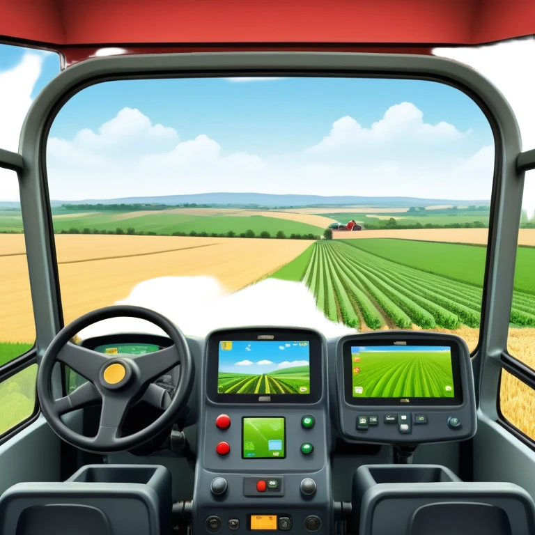 a view from the tractor cabin, with the dashboard in focus, overlooking a vibrant rural landscape. Inspired by Farming Simulator 22, the scene includes fields, crops, and distant barns under a bright sky. The design highlights the immersive experience of farm management. transparent background emoji