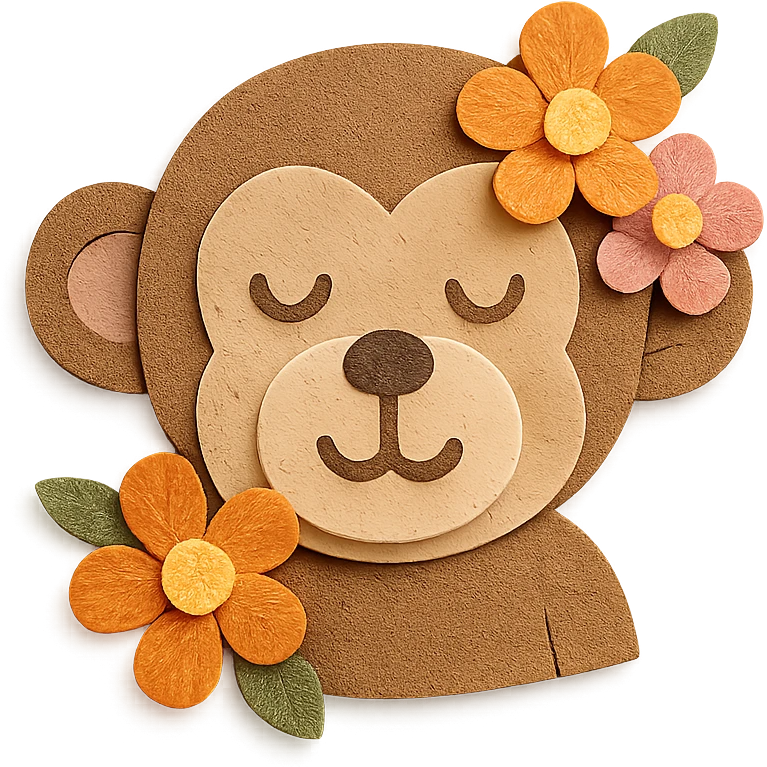 paper craft style monkey with flowers, bust up emoji