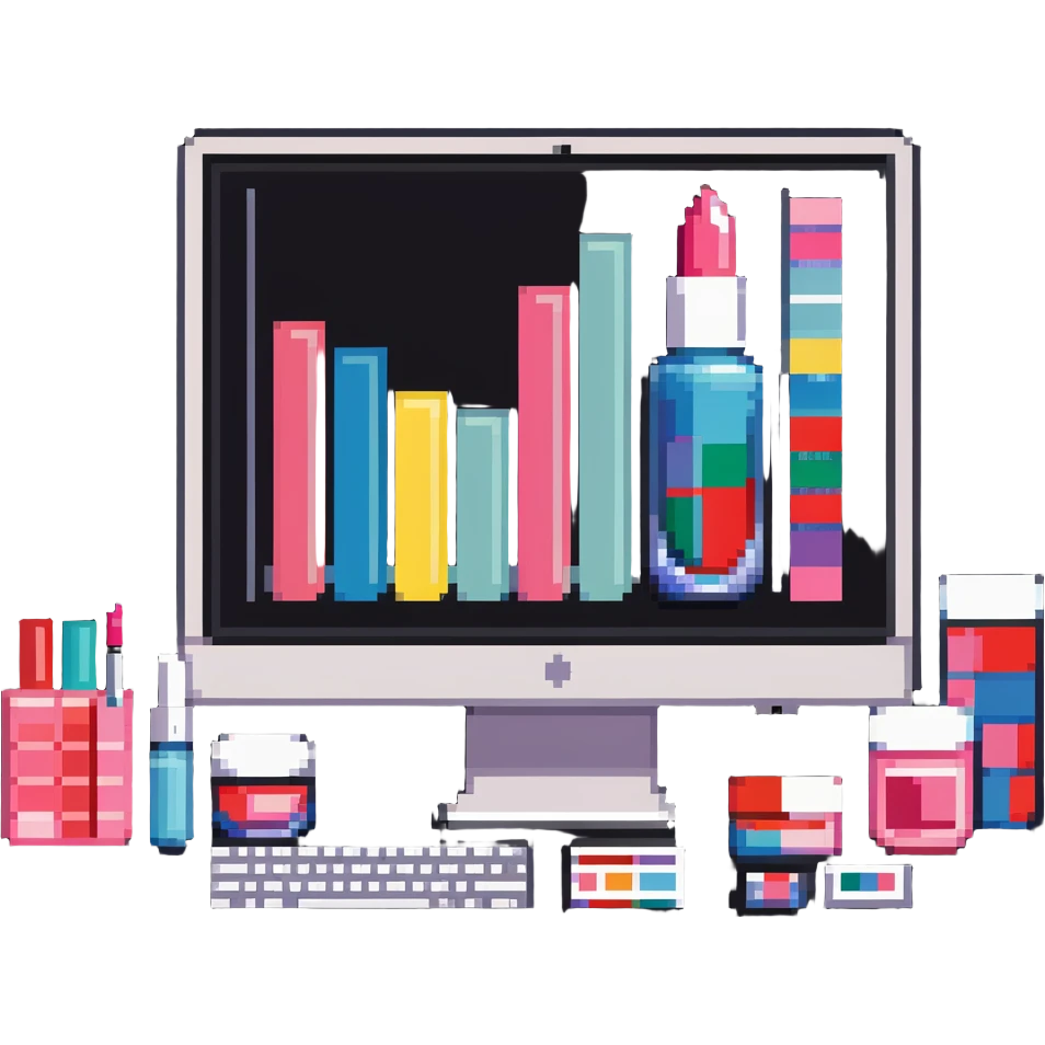 iMac computer with colorful bar charts and beauty products like lipstick, nail polish, cream jars on the screen emoji