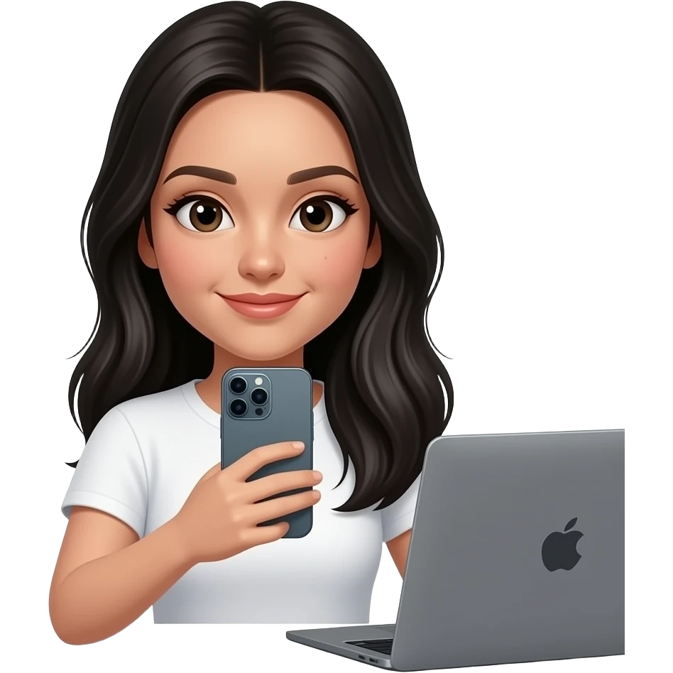 Mujer con cabello LARGO negro lacio con ligeras ondas, de piel normal NO morena, es importante con un lunar en el cachete izquierdo, con ojos negros, grabandose a ella misma, donde mire al iphone 15 pro color Natural Titanium y una mackbook a su lado, con remera blanca NO CAMISA,  que no sonria emoji