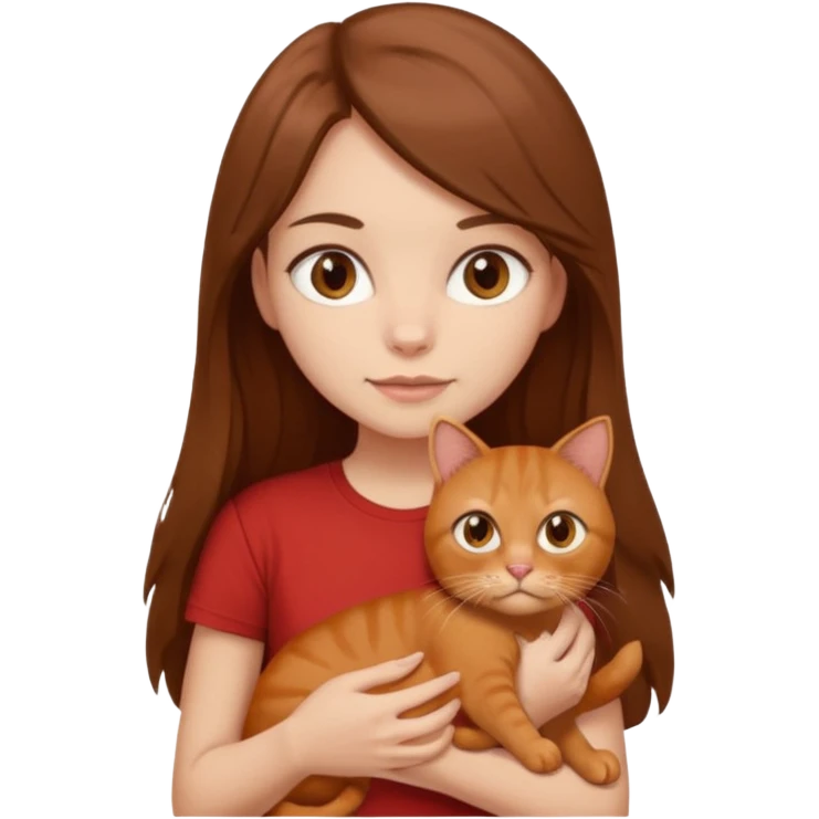 brunette girl with long hair and brown eyes in a brown T-shirt with a British red cat emoji