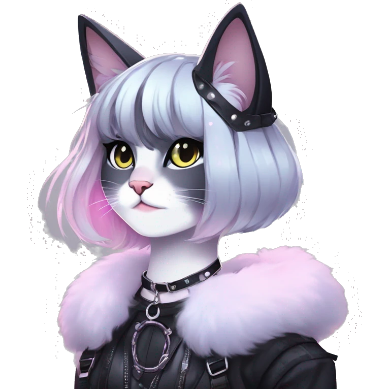 Gorgeous sparkly ethereal shiny gradient gothic dark techwear anime style anthro cat with blushing face aesthetic and pretty edgy black with collar and harness trending style emoji