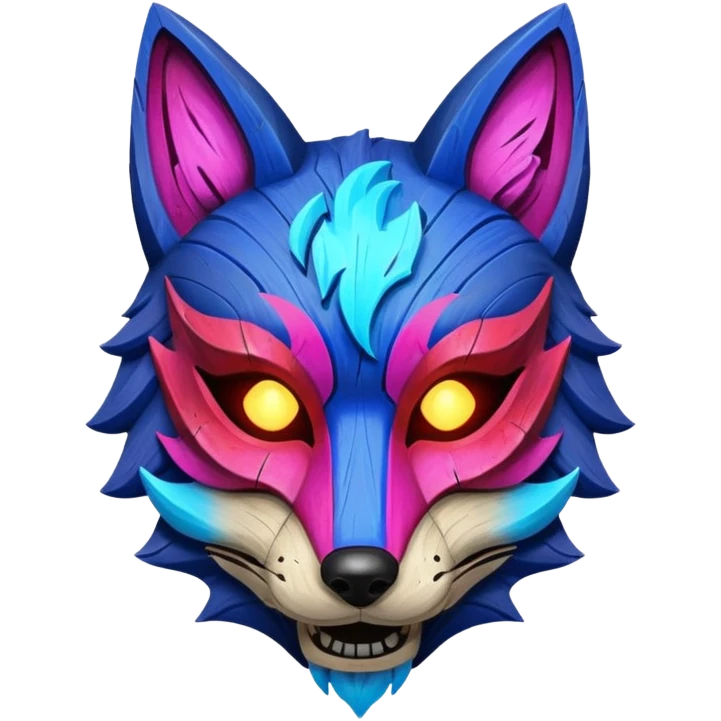 Ancient wooden mask, broken in half, luminous and neon with red, blue, and pink fox-like glow. Fragments of the mask scattered around. emoji