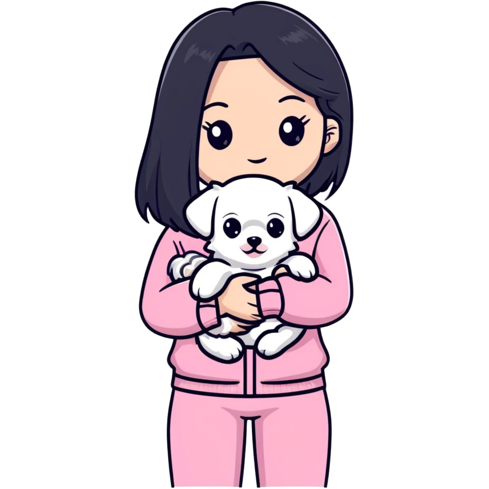 beautiful young woman with long straight black hair wearing pink clothes and holding a small white Maltese puppy emoji