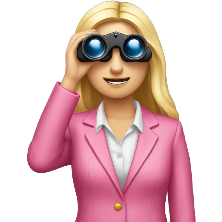 secretary style white female employee with long blonde loose hair wearing intensive color pink suit using binoculars. must look straight in front of a camera emoji