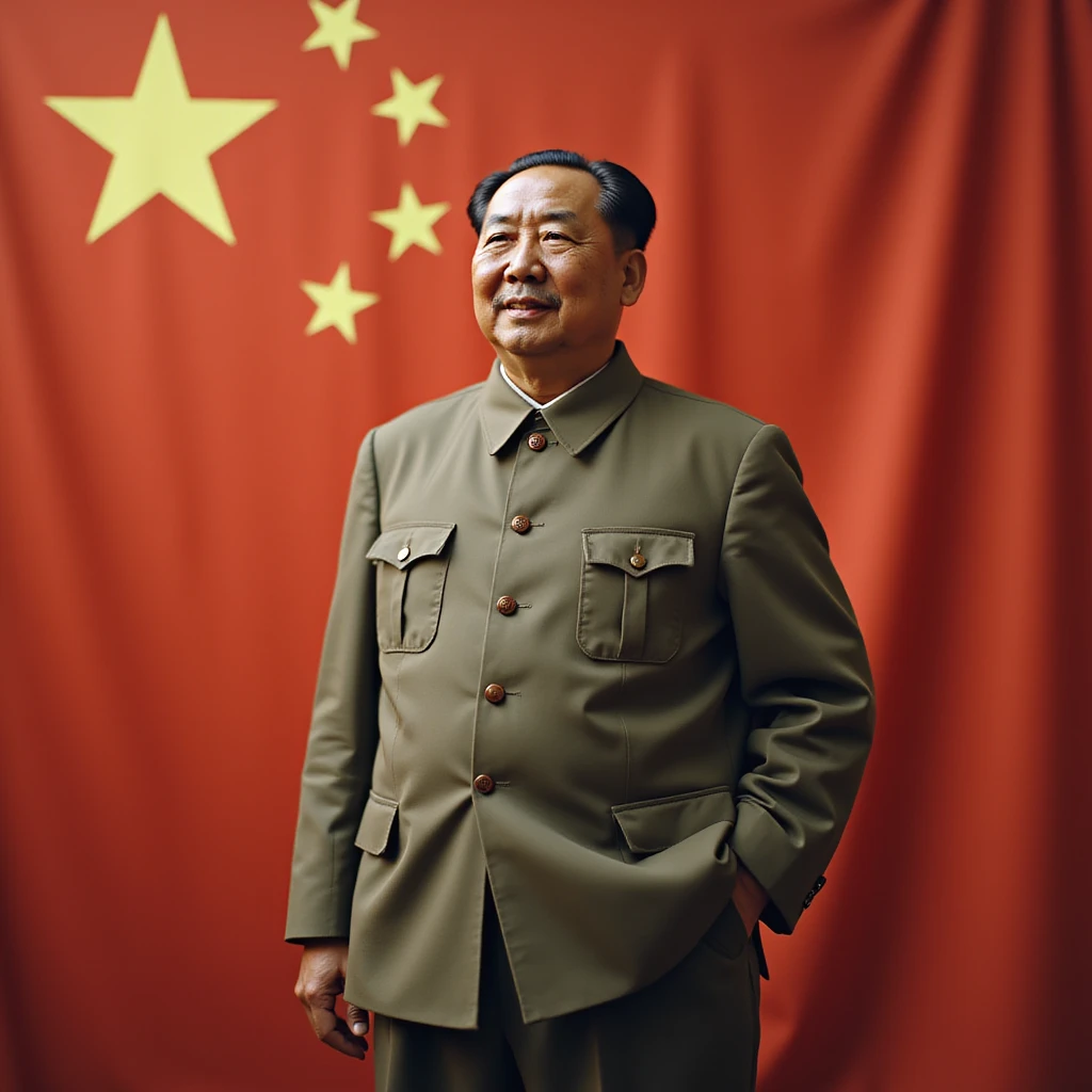 realistic photorealistic image of Mao Zedong as the chairman of the Chinese Communist Party, standing with Chinese flag emoji