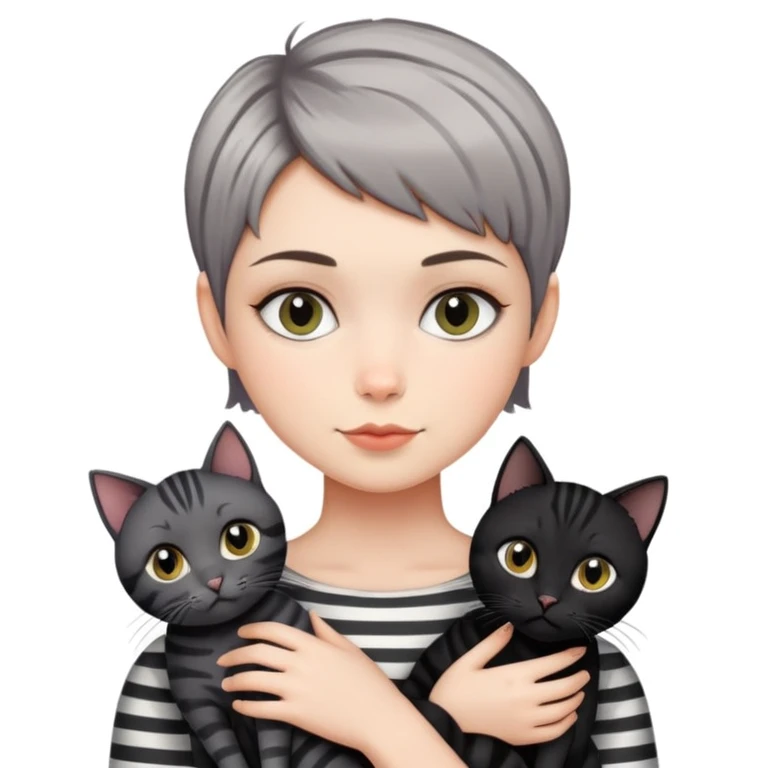 Girl with short pixie cut holding three cats, one black cat, one grey cat, and one grey-striped cat emoji